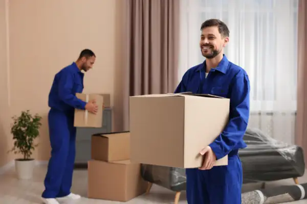 Professional movers carrying boxes during home relocation