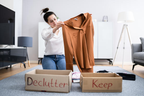 Woman sorting and decluttering clothes before movings